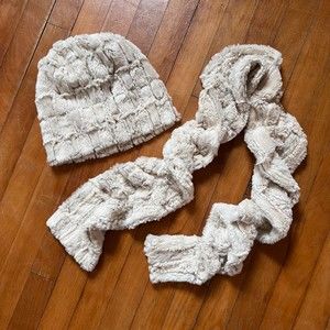 Faux Fur Cream Beanie Hat & Scrunchy Scarf set by Pandemonium Seattle